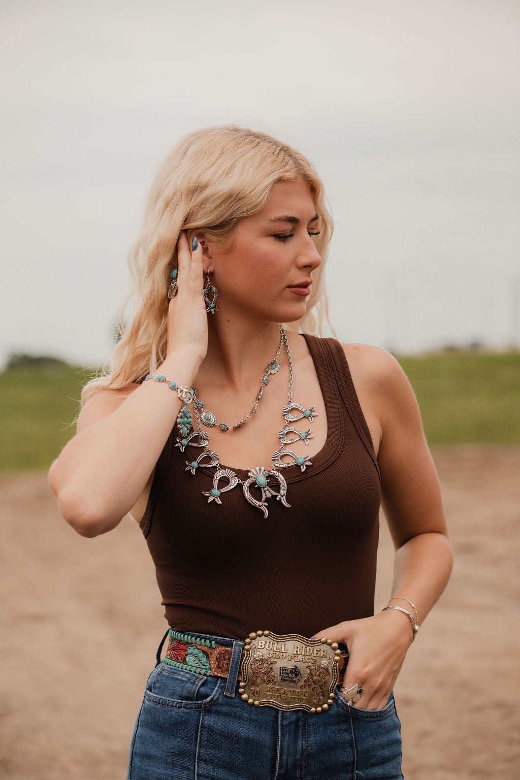 Squash Blossom and Faux Turquoise & Earring Set - 24 inch necklace