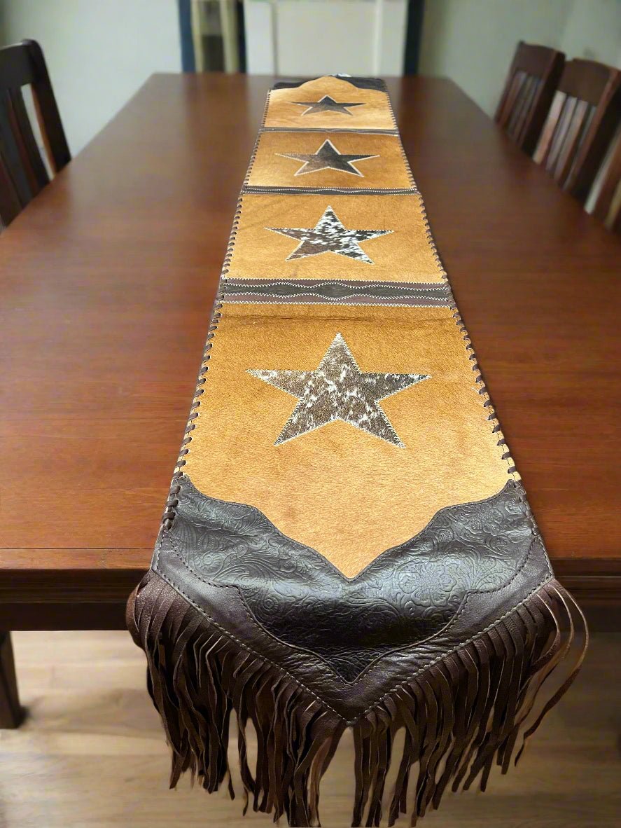 Star Cowhide Table Runner with Fringe — 1' × 6' (Photo-Exact Hide, Tan with Brown Star)