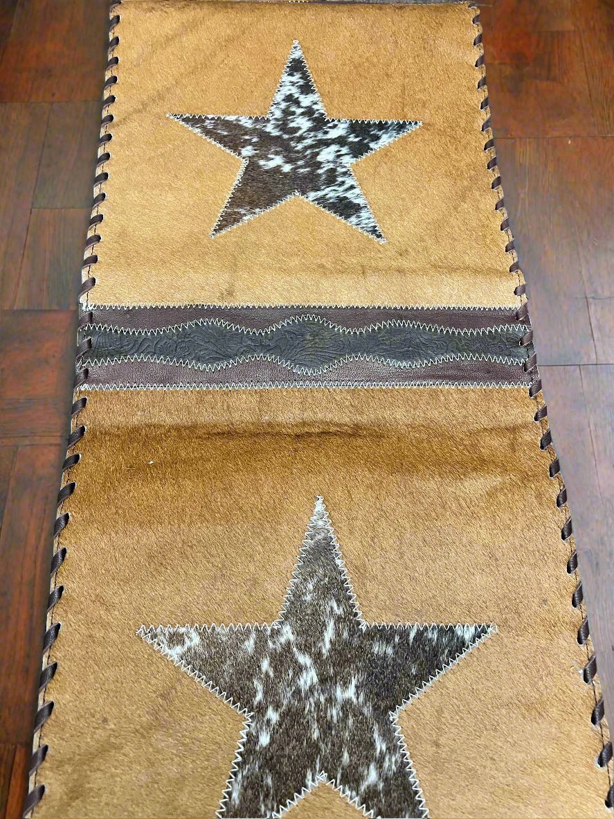 Star Cowhide Table Runner with Fringe — 1' × 6' (Photo-Exact Hide, Tan with Brown Star)
