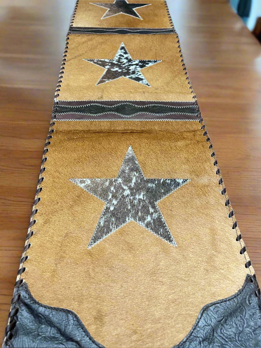 Star Cowhide Table Runner with Fringe — 1' × 6' (Photo-Exact Hide, Tan with Brown Star)