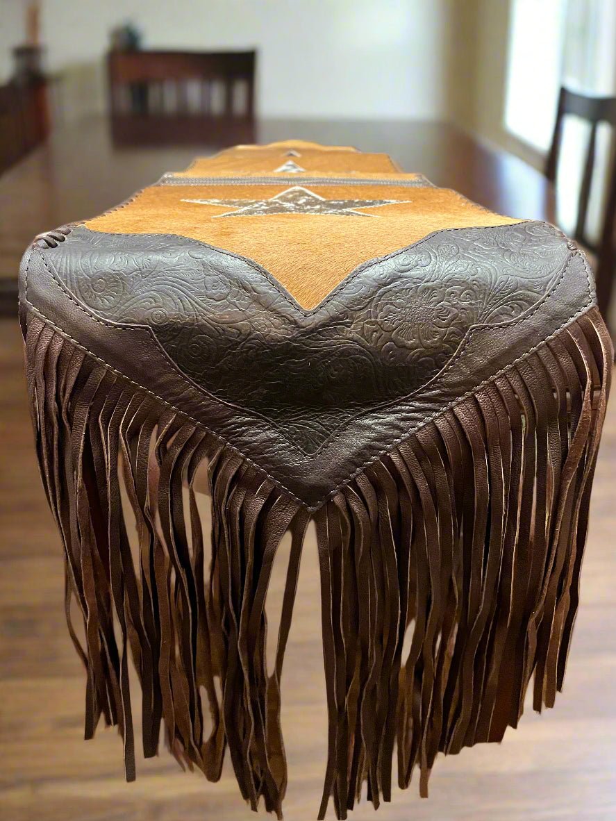 Star Cowhide Table Runner with Fringe — 1' × 6' (Photo-Exact Hide, Tan with Brown Star)