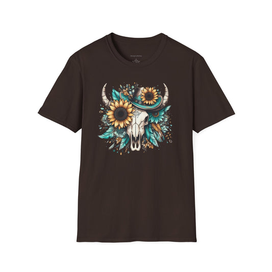 Sunflower, Skull, Turquoise, Longhorn Skull, Softstyle T-Shirt - SmorgeousByGina