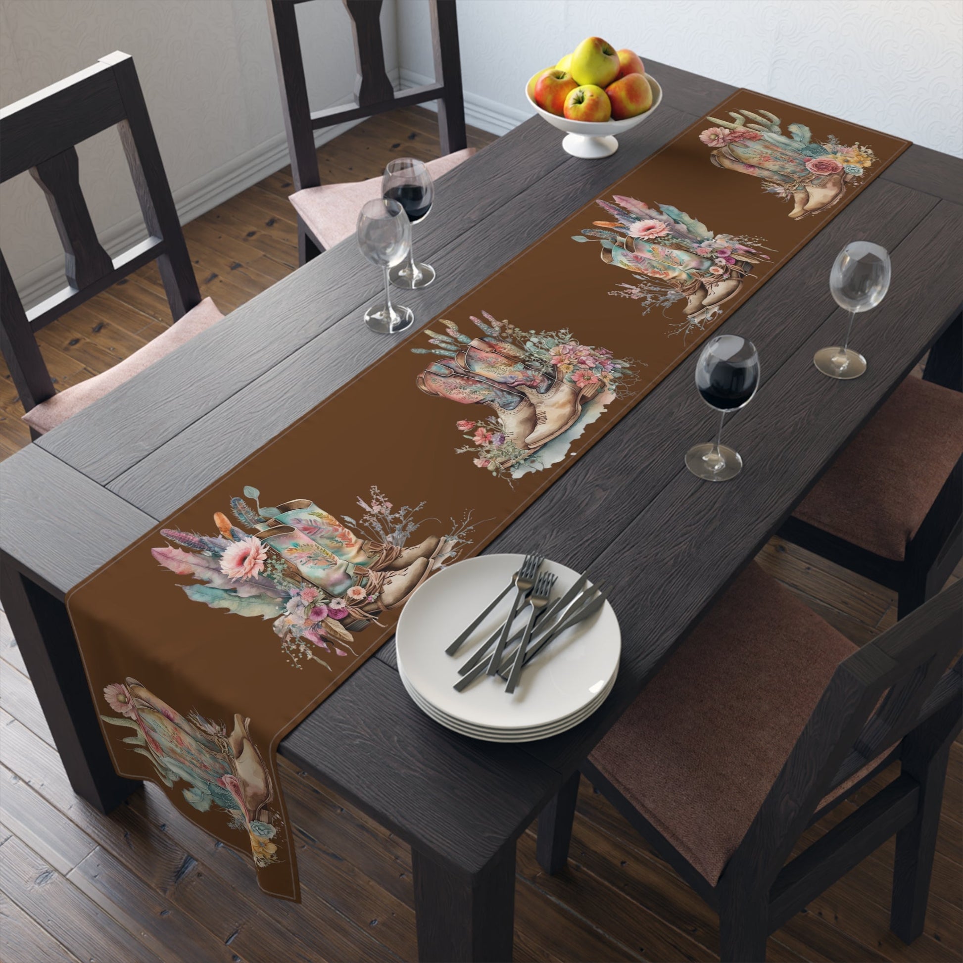 Table Runner, Boho Country Table Runner, Floral Boho Cowboy Boots, (Cotton, Poly) - SmorgeousByGina