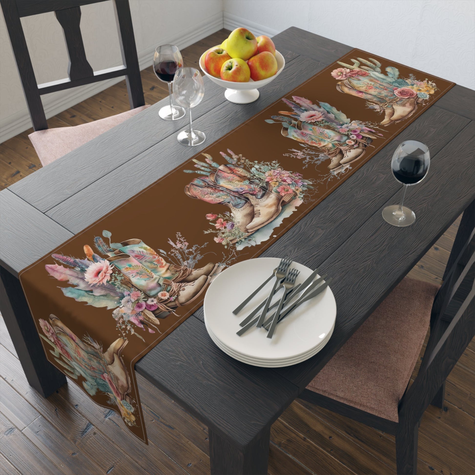 Table Runner, Boho Country Table Runner, Floral Boho Cowboy Boots, (Cotton, Poly) - SmorgeousByGina