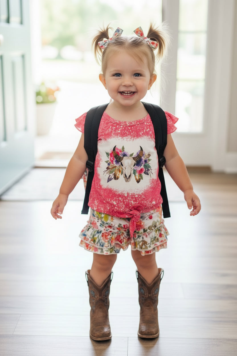Cowgirl Boho Short Set: Floral Ruffle Shorts & Cow Skull Tee
