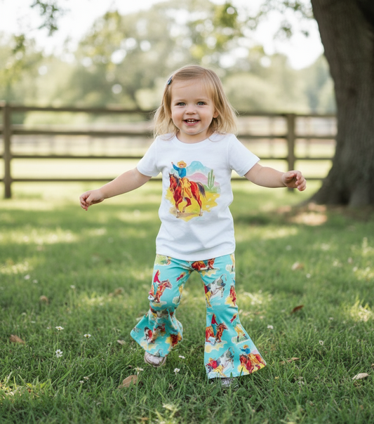Girls’ Cowgirl Outfit | Retro Cowboy Shirt & Bell Bottoms CLOSEOUT – ONLY $15 | FINAL SIZES: 2T, 3T & 4T