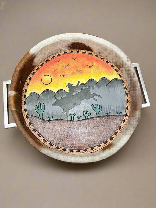 Tooled Leather & Painted Tray - Sunset Bull Rider