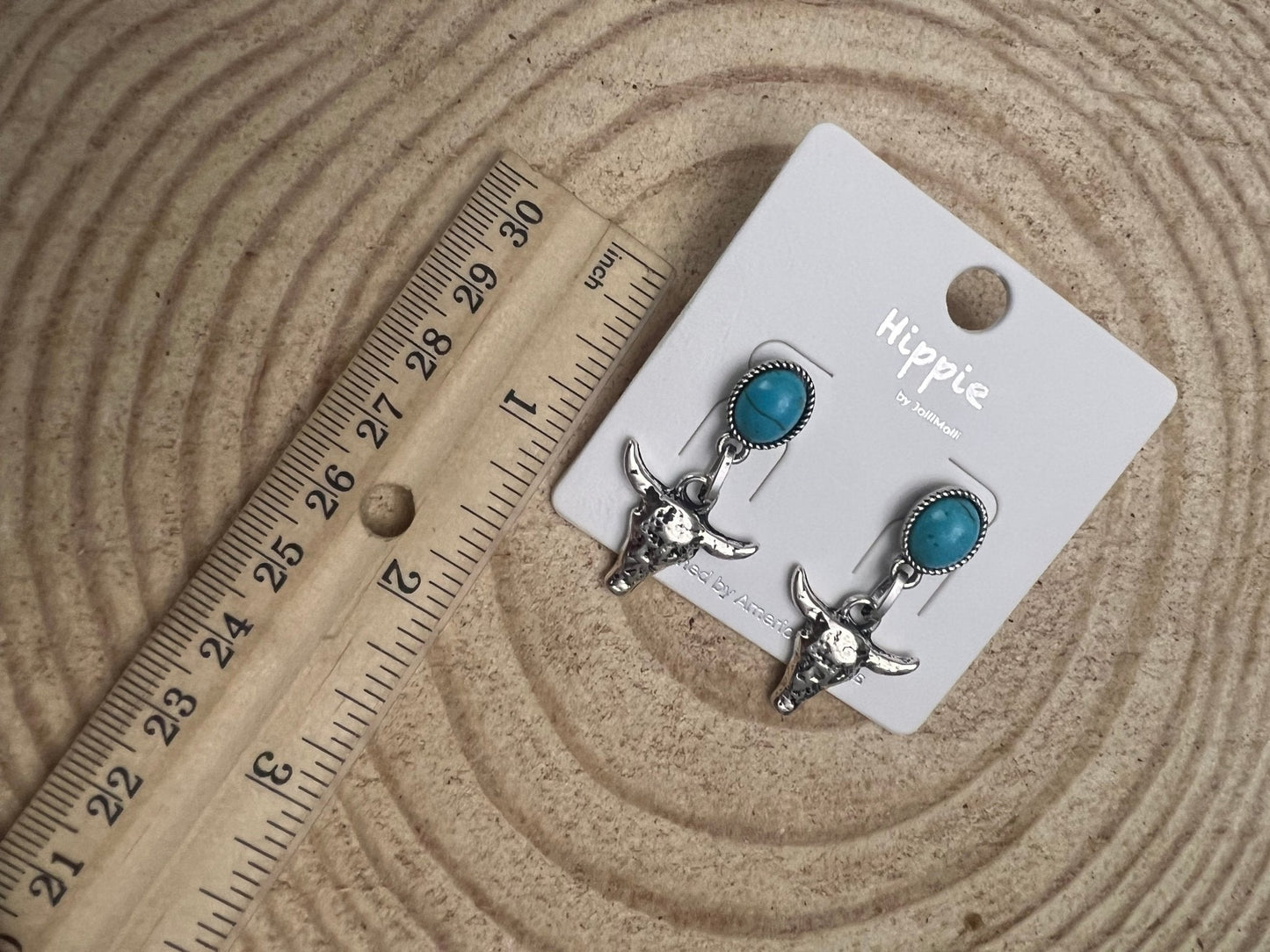 Western Bull Skull Dangle Earrings with Faux Turquoise - 1 1/2 inch drop