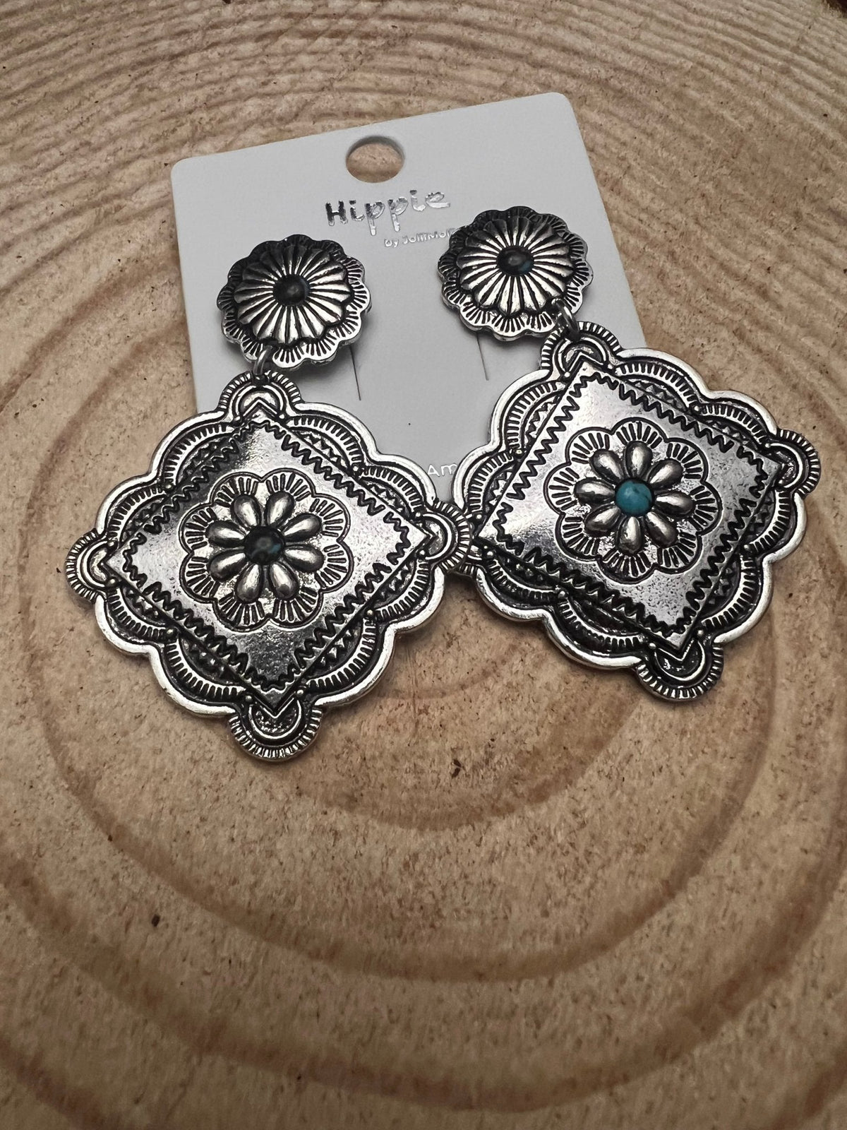 Western Concho Dangle Earrings with Multi-Color Stones — 2½" Drop