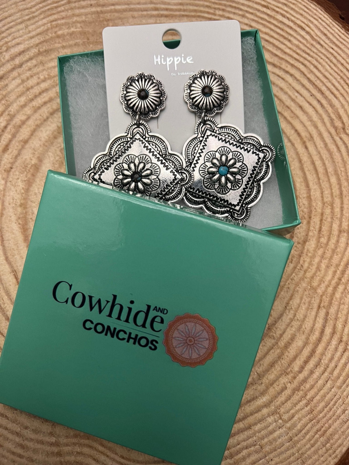 Western Concho Dangle Earrings with Multi-Color Stones — 2½" Drop