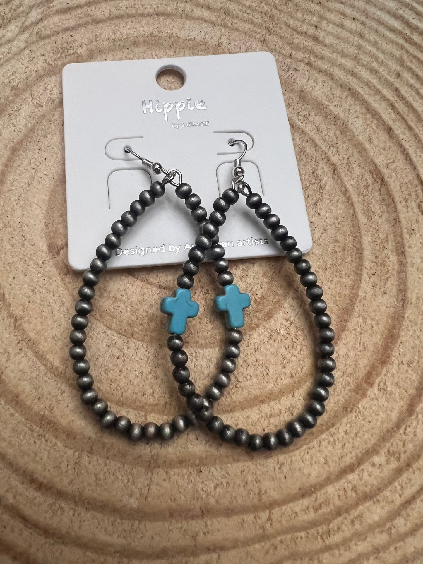 Western Cross with Faux Turquoise Metal Pearl Teardrop Earrings - 2 1/2 inch drop