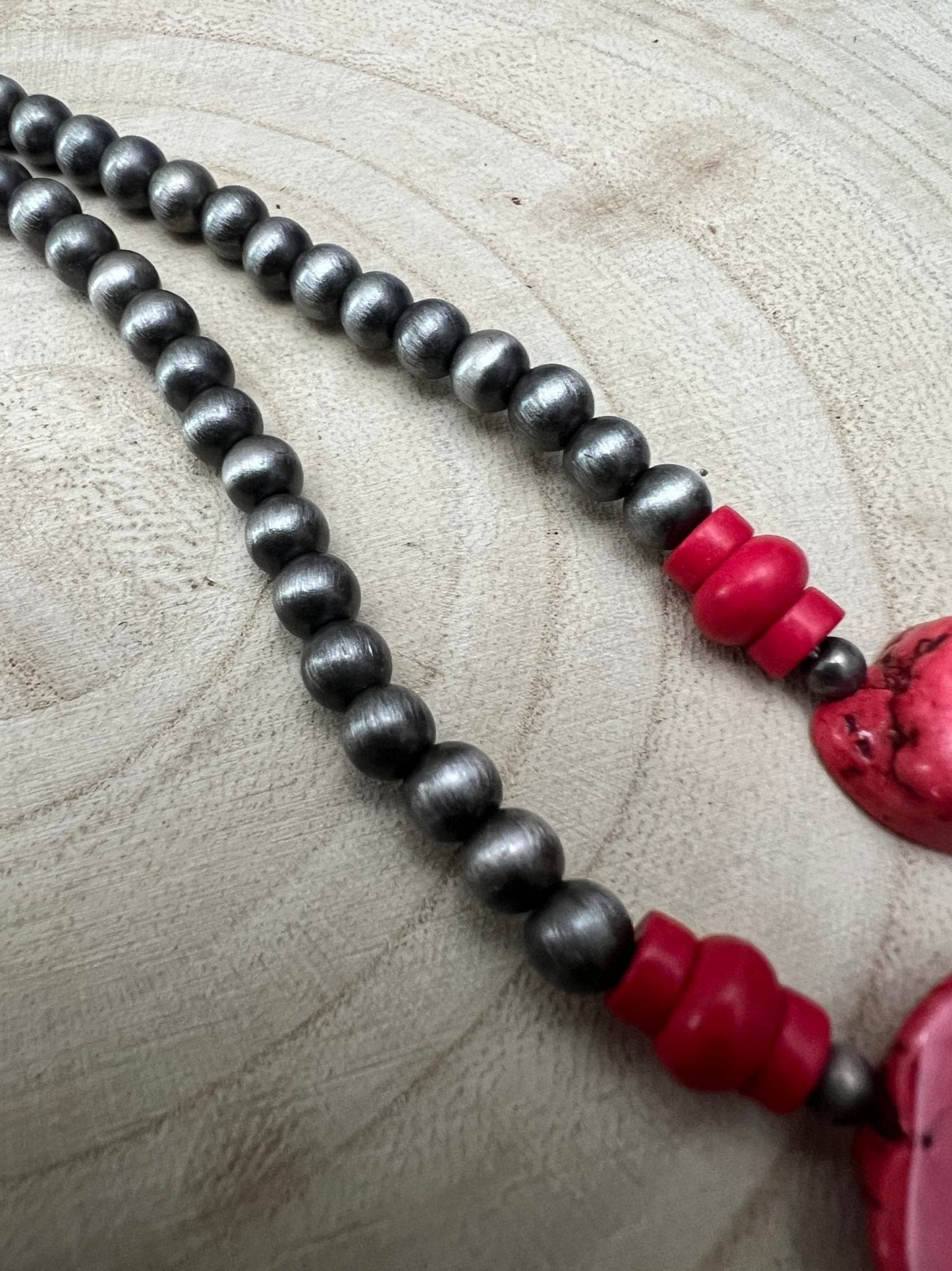 Western Faux Pearl Statement Necklace with Red Stone - 32 inch