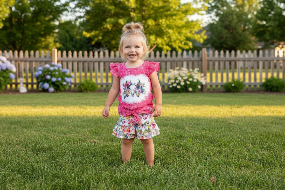 Cowgirl Boho Short Set: Floral Ruffle Shorts & Cow Skull Tee