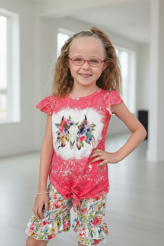 Cowgirl Boho Short Set: Floral Ruffle Shorts & Cow Skull Tee