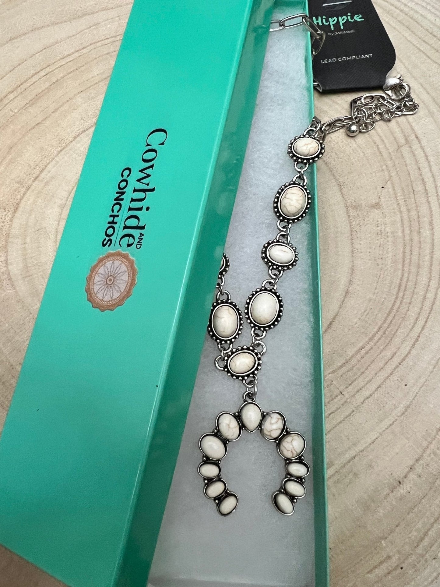 White Stone Faux Squash Blossom Necklace - 16 inch + 3