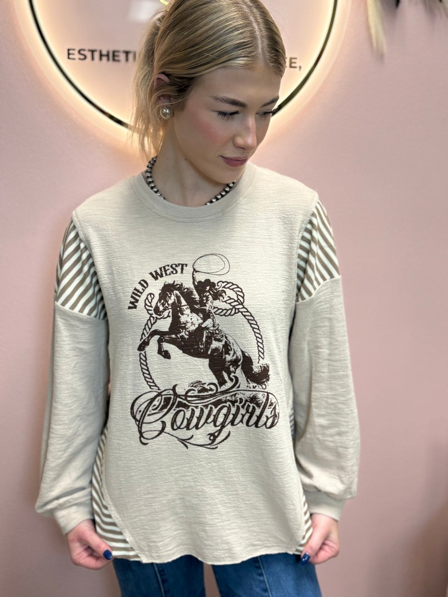 Wild West Cowgirls Graphic Knit Top - Taupe or Olive