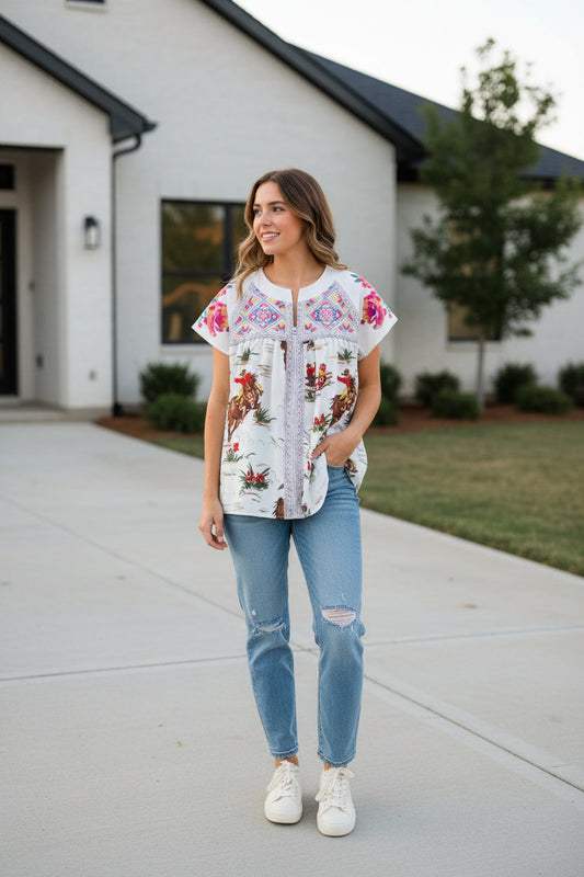 Womens Western Cowboy Blouse, Flowers and Vintage Cowboy Shirt