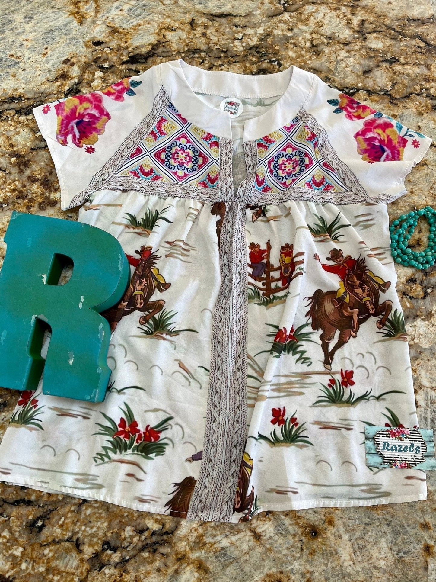 Womens Retro Cowboy Blouse, Flowers and Vintage Cowboy Shirt