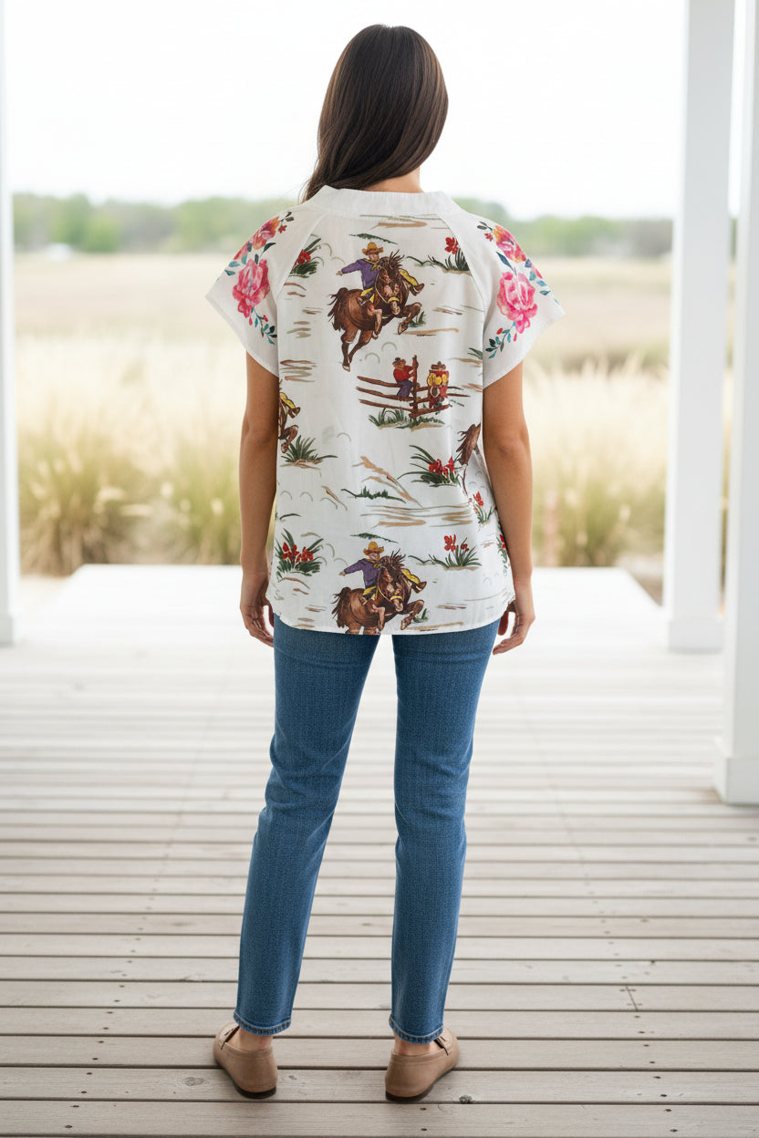 Womens Western Cowboy Blouse, Flowers and Vintage Cowboy Shirt