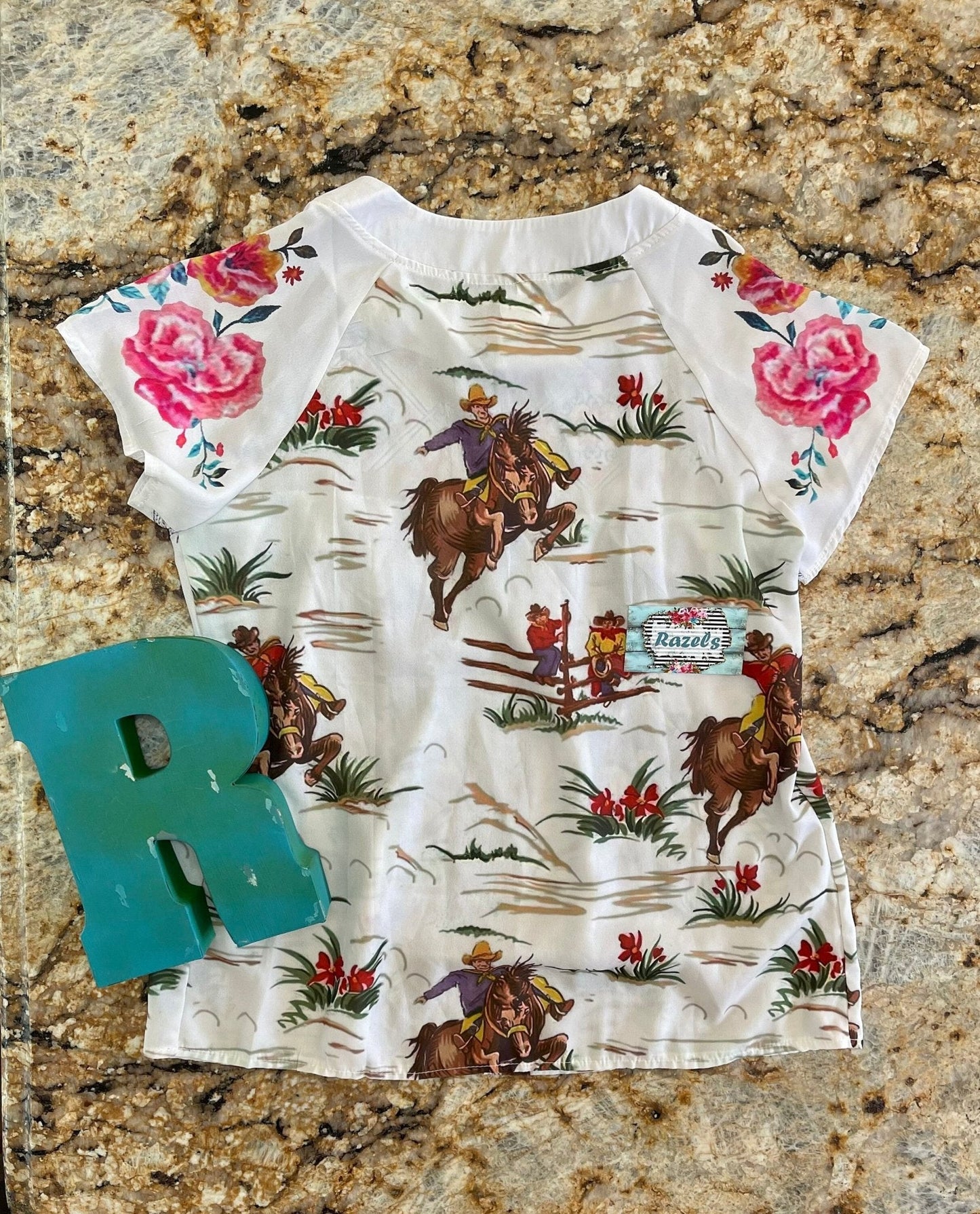 Womens Retro Cowboy Blouse, Flowers and Vintage Cowboy Shirt