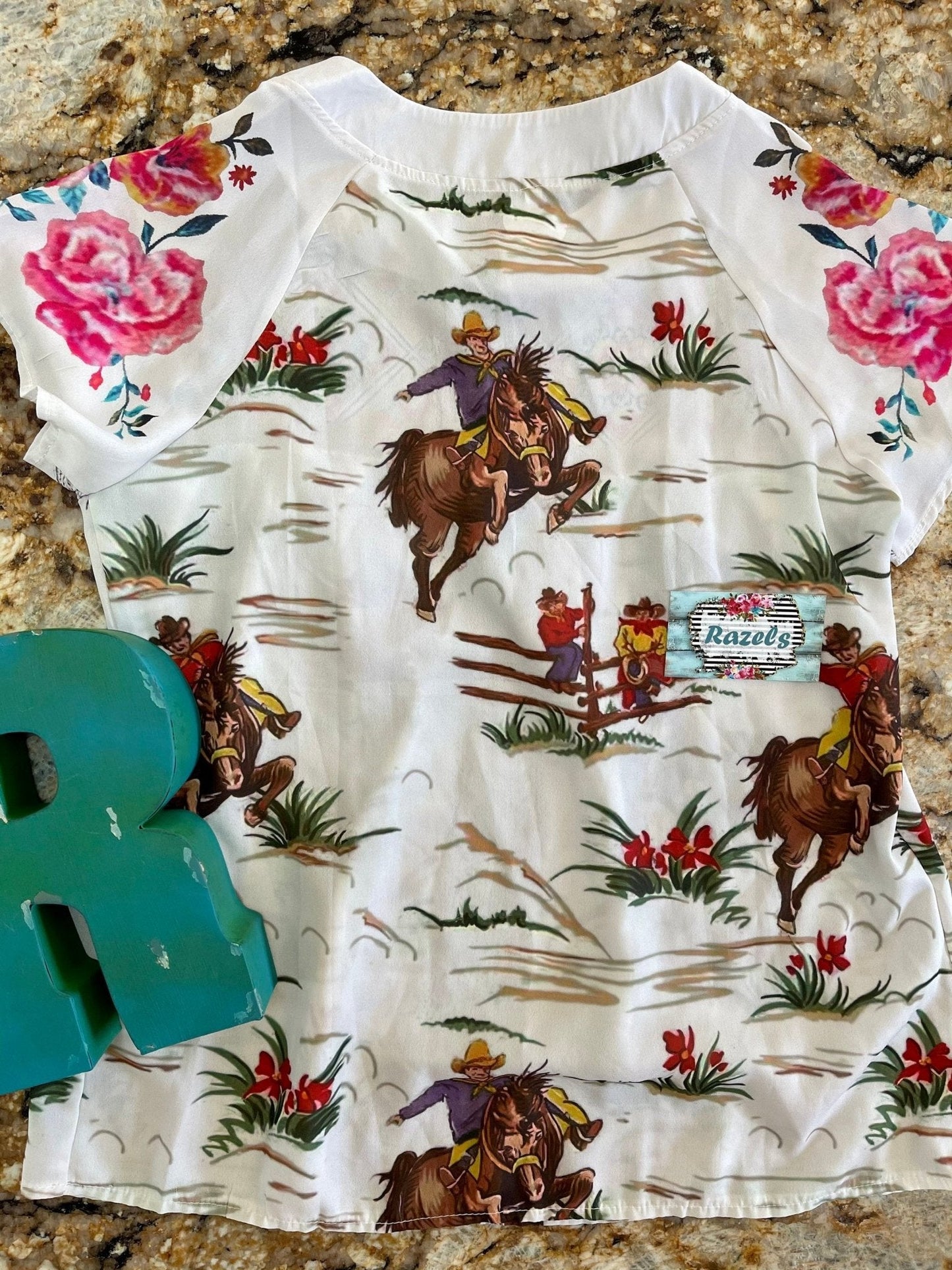 Womens Retro Cowboy Blouse, Flowers and Vintage Cowboy Shirt