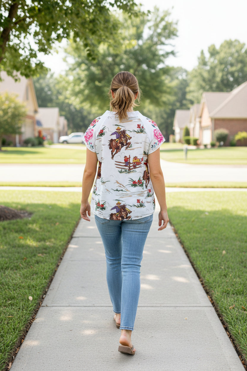 Womens Western Cowboy Blouse, Flowers and Vintage Cowboy Shirt