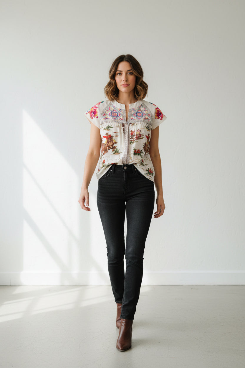 Womens Western Cowboy Blouse, Flowers and Vintage Cowboy Shirt
