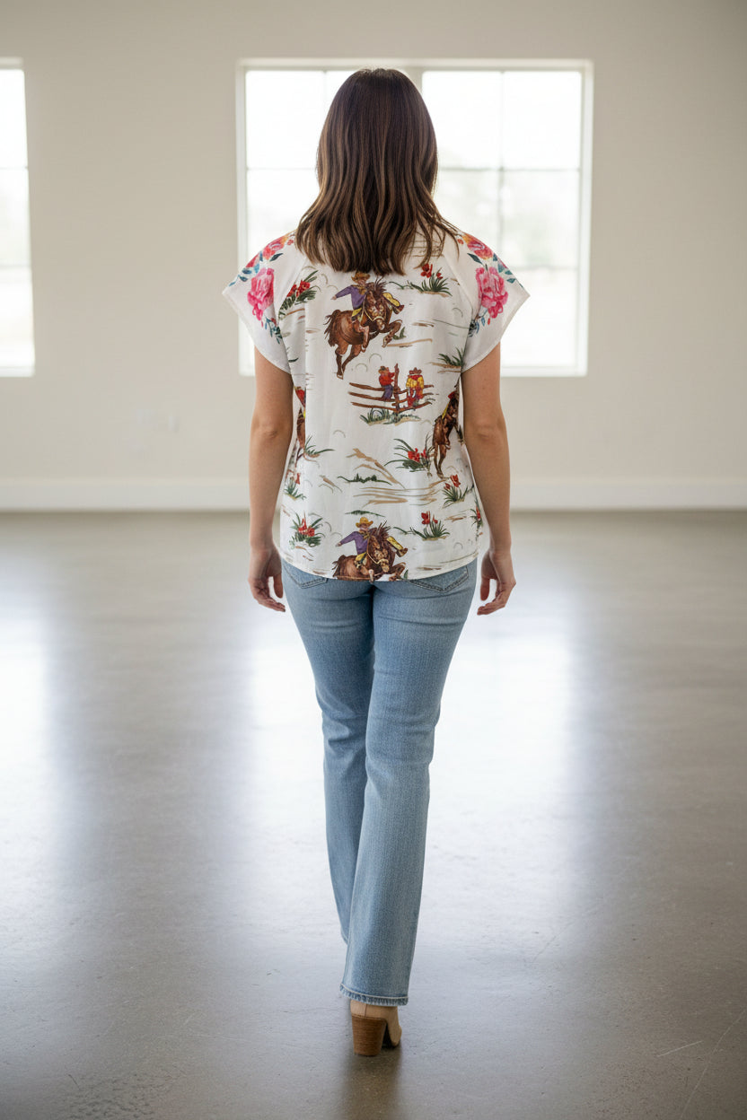 Womens Western Cowboy Blouse, Flowers and Vintage Cowboy Shirt
