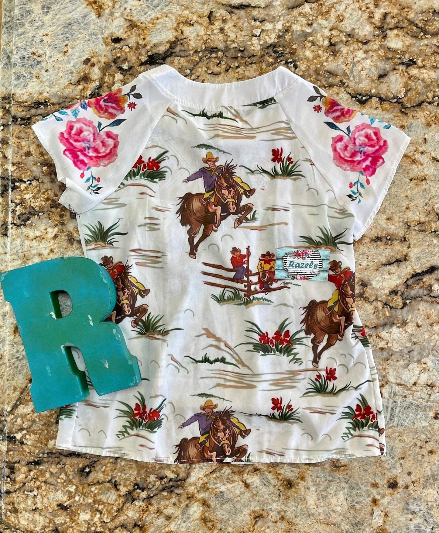 Womens Retro Cowboy Blouse, Flowers and Vintage Cowboy Shirt