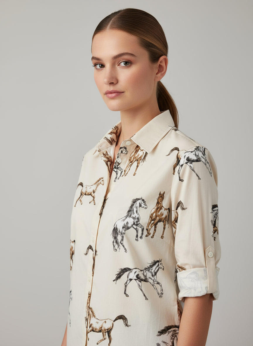 Wild Horse Print Button-Up Shirt: Western Cowgirl Style